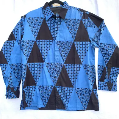 VTG Ikat Shirt Mens L Button Down Blue Geometric Long Sleeve Batik Tenun Hippie • $25.28