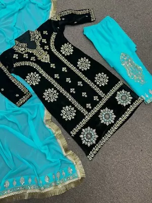 Velvet Suit In Embroidery And Sequence Work Top Bottom With  Dupatta For Women • $80.19