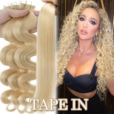 Invisible Tape In 100% Remy Human Hair Extensions Skin Weft Body Wave&Straight • $26.58