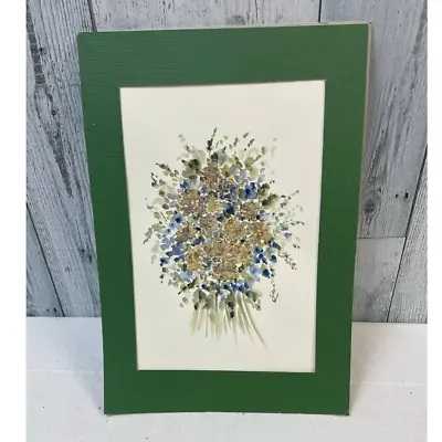 Mixed Media Dried Flowers Watercolor Floral Bouquet Matted Wall Art Artwork • $25