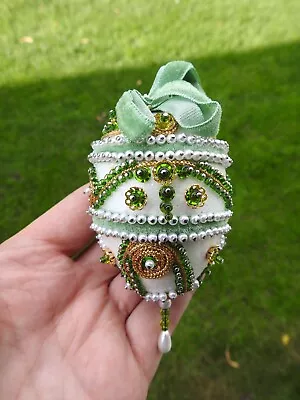 Vintage Sequin Beaded Push Pin Hand Made Christmas Ornament Green Egg Shaped • $8.95