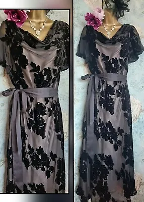 Jacques Vert Black Floral Velvet Silk Cowl Evening Dress Mother Wedding Ascot 18 • $188.18