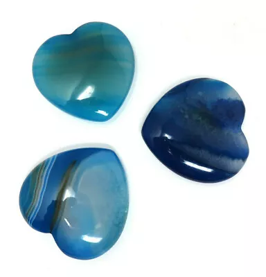 3 Blue Agate Stone Hearts - 40mm Or 1.5  - Valentines Day Decoration Love Pocket • $11.95