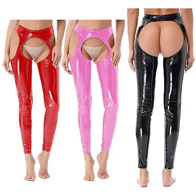 Women PVC Leather WetLook Thigh-High Tights Suspender Pants Cutout Long Trousers • $15.91