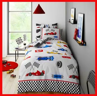 £14.39 • Buy Kids Duvet Set Grey Fast Cars Race Track Motor Sport Single Quilt Cover Bedding 