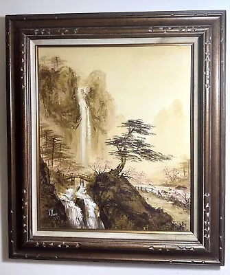 VINTAGE CHINESE CASCADE AND TREE OIL PAINTING ON CANVAS S.T. YOUNG 28in X 32in • $240