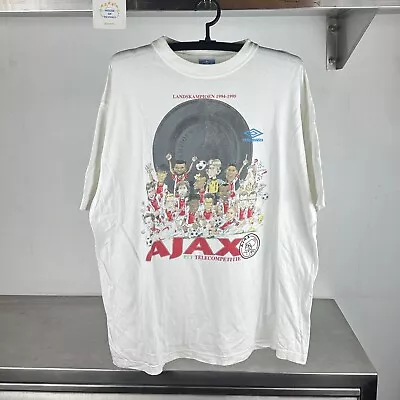 Vintage 1995 Umbro Ajax Soccer Team Champions Caricature XL White T-shirt • $60