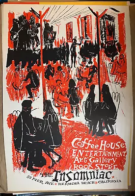 INSOMNIAC COFFEE HOUSE VINTAGE 1970's ORIGINAL ART POSTER By EARL NEWMAN -NICE! • $159.95