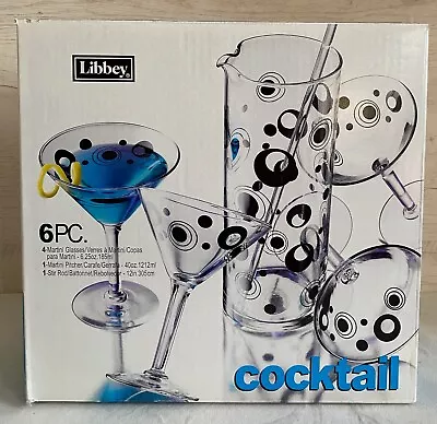 Libbey 6 Piece Clear And Black Dot Martini Glass And Pitcher Cocktail And Set • $40