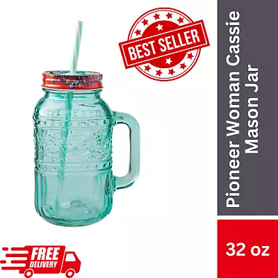 Pioneer Woman Cassie 32 Oz Teal Glass Mason Jar Drinking Glass USA FREE SHIPPING • $8.50