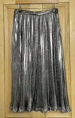 REISS Metallic Silver Pleated Midi Skirt UK 10 • £32.99