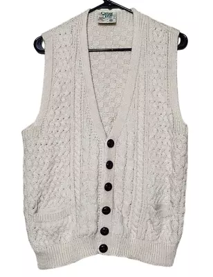 Carraig Donn Aran Mens M Cable Knit Cardigan Sweater Vest 100% Wool Sleeveless • $29.74