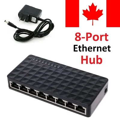 8-Port Ethernet Hub + Power Adapter Switch Ports Splitter Plug-and-Play Desktop  • $14.53