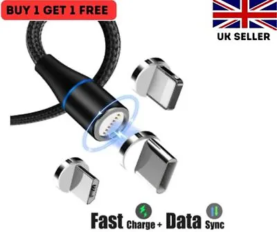 3 In 1 Magnetic Fast Charging USB Cable Charger 360 Rotation 3 Adaptors Included • £3.99