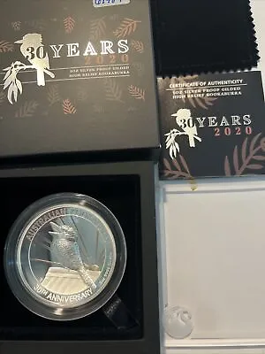 2020 5oz Australian Kookaburra Silver Proof HR Gold Gilded 30th Anniversary Coin • $570