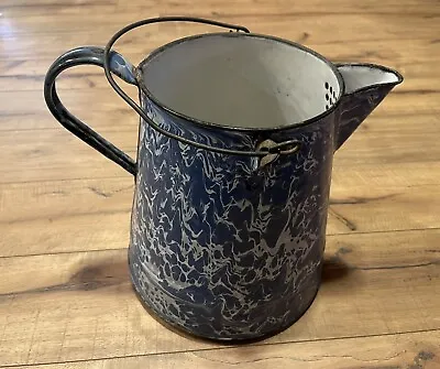 Vintage Antique Blue And White Swirl Enamel Coffee Tea Pot Kettle 10” • $39.99