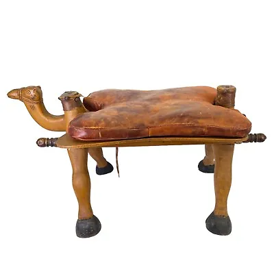 Antique Wood Camel Saddle Foot Stool Ottoman Leather Pillow Egyptian Embossed • $79.99