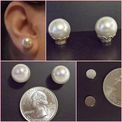 MAGNETIC Round 11 Mm White Faux Pearl Stud Clip-on Fake Fun Earrings Choose 1 Pr • $7.99