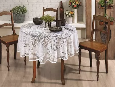 60 Inch Round Lace Tablecloth With Floral Design In White Or Ecru Color. White • $29.77