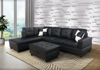 *SALE* Modern Black Sectional W/ Faux Leather Storage Ottoman & 2 Accent Pillows • $879.99