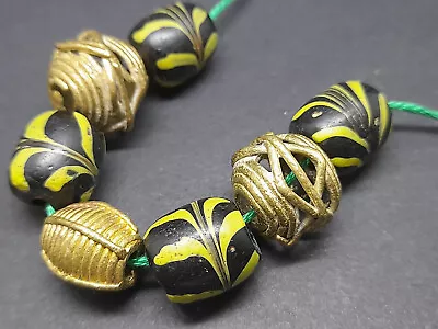 Antique Venetian Glass Black Green Feather Trade African Lost Wax Metal Beads X7 • £20