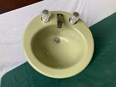 Vtg 19  Round Cast Iron Avocado Green Self Rimming Drop In Sink Kohler 78-24E • $395