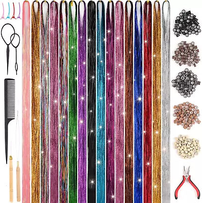 Hair Tinsel Kit With Tools 16 Colours 3200 Strands Glitter Extensions 47 Inch • £14.22