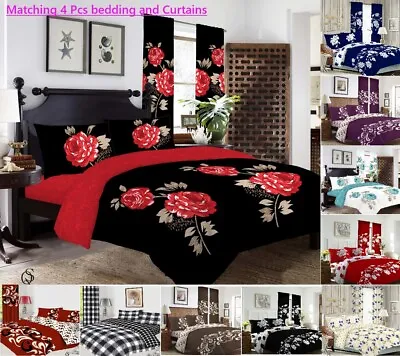 MATCHING 4 Pieces BEDDING SET CURTAINS Duvet Cover Fitted Sheet Pillowcase • £16.99