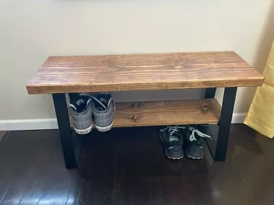 Farmhouse Entryway Bench With Metal Legs And Shoe Shelf Mudroom Bench Shoe Rac • $300