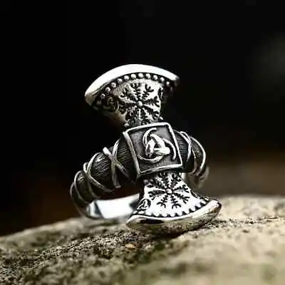 £12.99 • Buy Mens Viking Axe Ring Stainless Steel Celtic Norse Pagan Berserker Warrior Ring