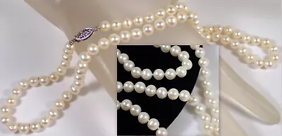 Vtg Solid 14K White Gold Clasp 6mm Round Cultured White Pearl Strand Necklace • $60