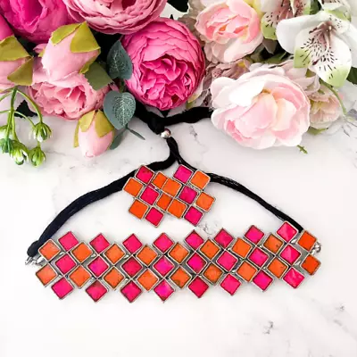 Pink And Orange Square Necklace And Matching Earrings For Women Indian Jewellery • $48
