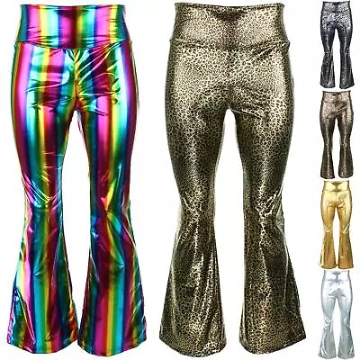 Shiny Metallic Flares Trousers Firefly Pants Party Dressing Up Foil Sparkly • £17.90