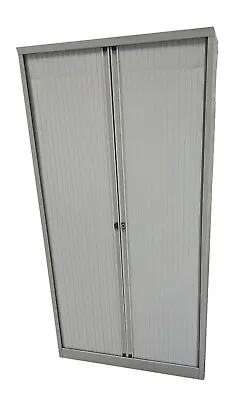 Grey Metal Tambour 190cm Tall Stationery Cupboard Cabinet Wide DENTED NO LOCK • £150