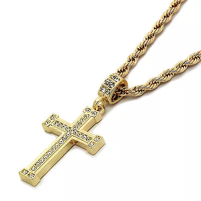 Mens 14k Gold Plated Staple Cross Pendant Cubic-Zirconia 24  Rope Chain • $12.99