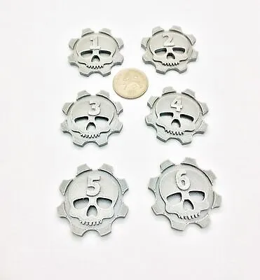 6 Pack 40mm Numbered Skull In Cog Mechanicus Gaming Wargames Objective Markers • £9.97
