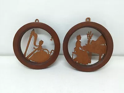 VTG Marlow Woodcut Silhouette Round Framed Victorian Music Scenes Set Of 2 • $17.95