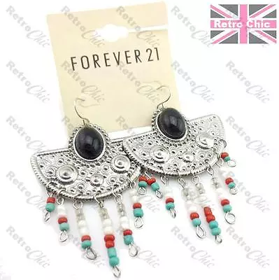 ETHNIC CHANDELIER EARRINGS Boho Gypsy BLACK CAB Turquoise/red Bead SILVER TONE • £2.50