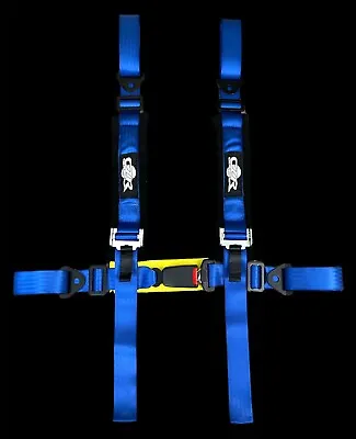 Blue 4 Point 2  Nylon Racing Harness Bar Shoulder Padded Safety Seat Belt Buckle • $59.50