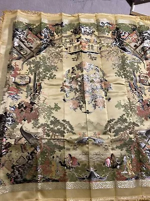 Vintage Brocaded Flowers Chinese Silk Square Scenic Tapestry Table Cloth  42x42” • $42