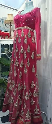£30 • Buy Asian Indian Pakistani  Party Wear Maxi Ruby Red Gold Heavy Wedding Dress Size S