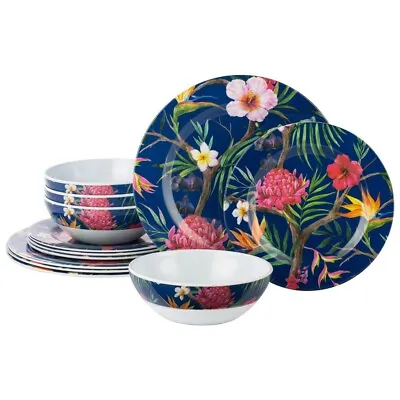12pc Melamine Dinner Set Tropical Picnic Crockery Plates Bowls Motorhome Caravan • £34.99