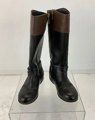 MICHAEL Michael Kors Black & Brown Faux Leather Logo Accent Zip Riding Boots 4 • $12.50