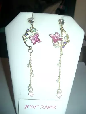 PINK FLOWERS Green LEAVES Long PEARL CHAINS Betsey Johnson Pierced EARRINGS-NWT • $26.94