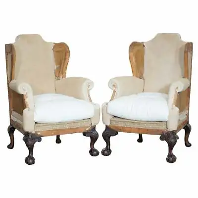 Pair Of Antique Victorian Deconstructed Wingback Armchairs With Claw & Ball Feet • $5549.18