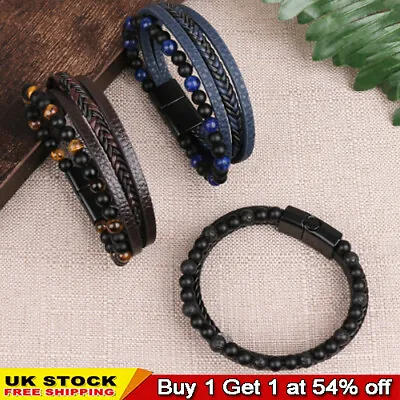 Mens Braided Fashion Bracelets PU Leather Bracelet Bangle Wrap Wristband UK • £4.69
