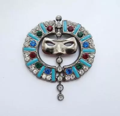 BN Vintage 1980's Deco Egyptian Revival Faux-Enamel & Crystal Mask Motif Brooch • £24.99