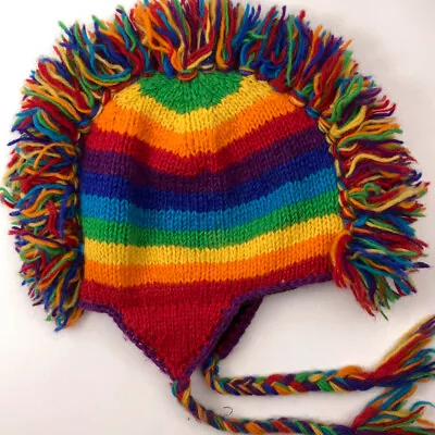 Colorful Rainbow Knit Winter Hat Yarn Mohawk Made Nepal • $21.35