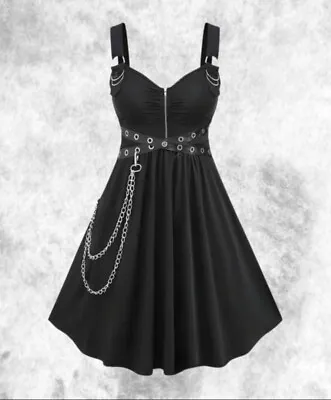 New Black Gothic Zip Front Chain Strap Studded Short Dress Size 2XL 20 22 24 • £29.99