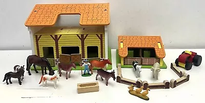 Kiddiecare Wooden Toy Farm Bundle Stables Tractor & Plastic Farm Animals (2013) • £26.99